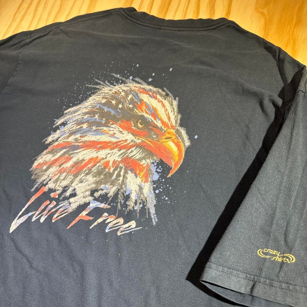 Crazy Shirt Mens XL Black Live Free Bald Eagle American Flag Graphic T-Shirt